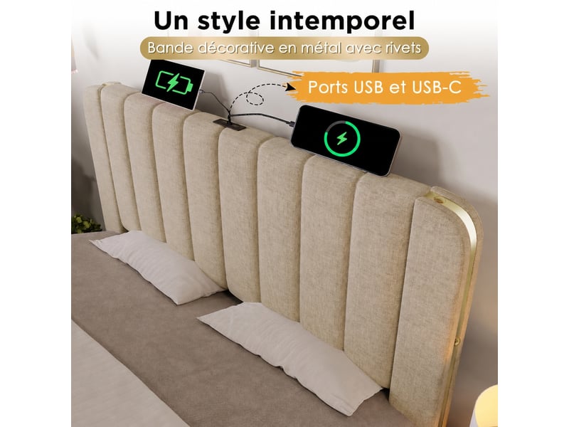  Lit une place 90 x 200 cm, cadre de lit rembourré beige, 4 tiroirs, usb type-c  - Conforama E
