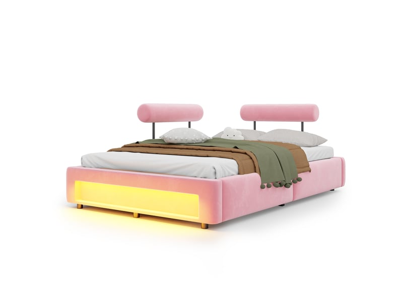  Lit enfant 140x200 cm coloris rose led velours  - Conforama A