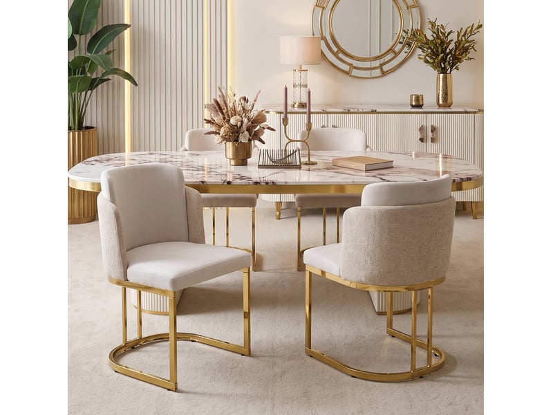  Lot de 6 chaises de salle à manger beige et or, structure en métal, dossier double design, style contemporain  - Conforama E