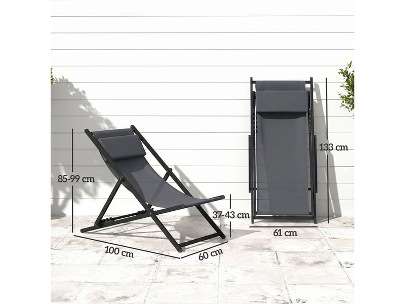  Ensemble de 2 chaises longues pliantes en aluminium avec dossier et appui-tête réglables sur 5 positions, 60 x 100 x 85 cm, gris  - Conforama D