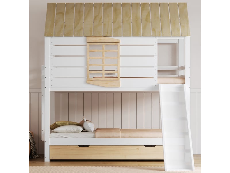 Lit superposé 90x200 cm coloris blanc+naturel pin lit enfant bicolore - Conforama B