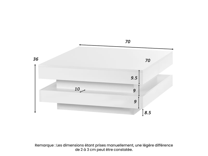 Table basse carrée avec éclairage led bluetooth réglable, brillante, en panneaux de particules, pour salon, 70 × 70 × 36 cm - uvrion - Conforama E
