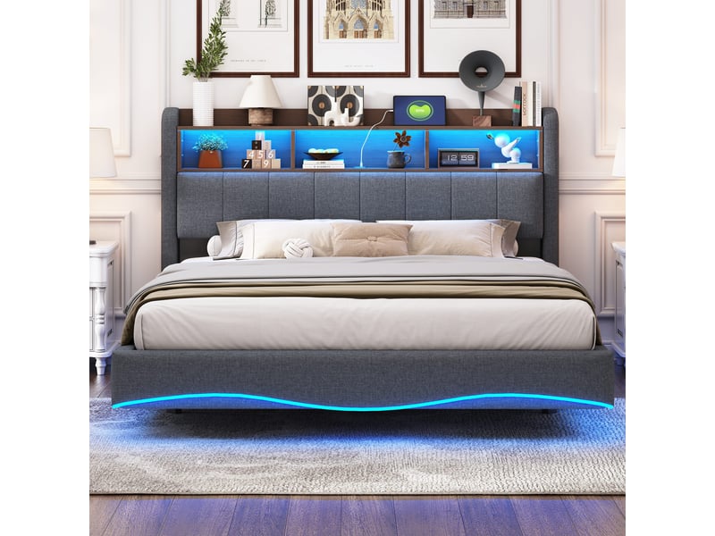 Lit double rembourré 160 x 200 cm effet flottant avec led, usbusb-c et rangement de tête de lit, tissu effet lin gris Fay Lum - Conforama E