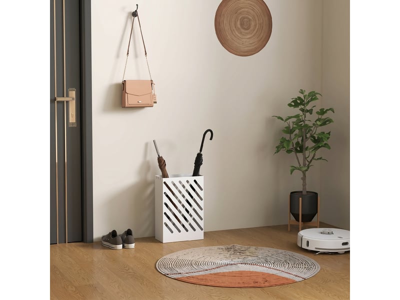  Porte-parapluie en acier rectangulaire, blanc, support pour parapluies avec 4 crochets et bac d'égouttement amovible  - Conforama R