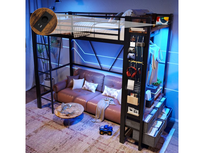  Lit mezzanine 90 x 200 cm, fer, étendoir, étagères, 4 tiroirs, usbtype-c, led, rambarde, échelle, panneau, noir, sans matelas  - Conforama C