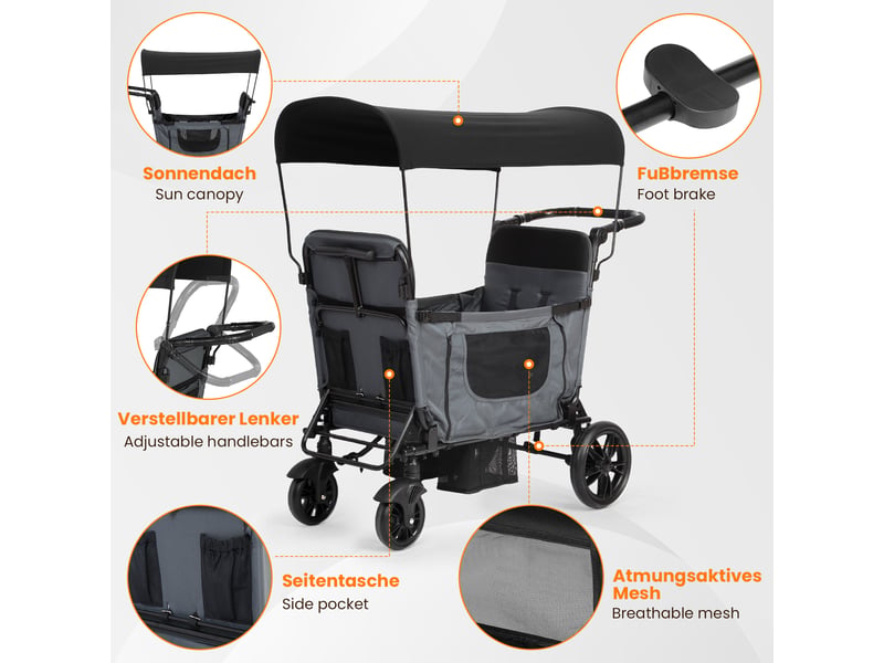 Chariot enfant pliable gris foncé 2 places avec siège convertible en lit, toit pare-soleil, plateau, harnais 5 points et freins - Conforama D