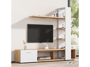 Ensemble meuble salon meuble tv mural blanc et bois pour tv 60 pouces 180 cm