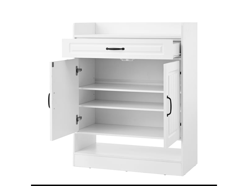 Meuble à chaussures contemporain blanc, 2 portes avec tiroir et étagères modulables, design moderne avec poignées noires - 75x36x95,5 cm  - Conforama C