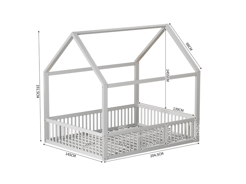  Lit enfant cabane 140x200 cm en pin blanc avec barrières et porte  - Conforama C