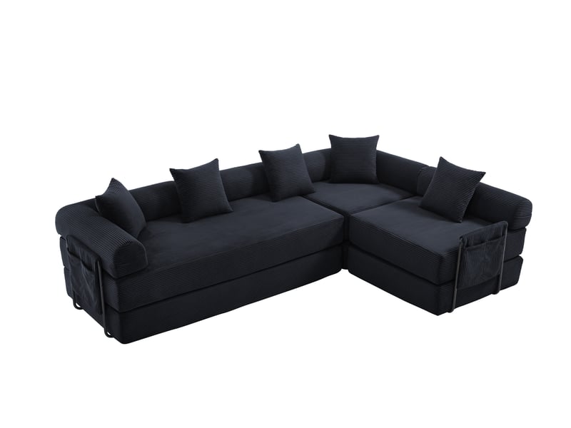 Canapé modulable noir velours côtelé avec rangement - canapé familial 270cm convertible lit d'appoint - Conforama A