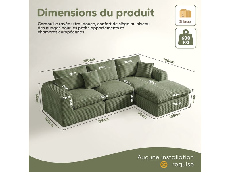 Canapé d’angle modulable 4 places 280 cm, 3-en-1, sans cadre rigide, mousse et ressorts, couchage d’appoint, velours côtelé, vert Morn Vibe - Conforama E
