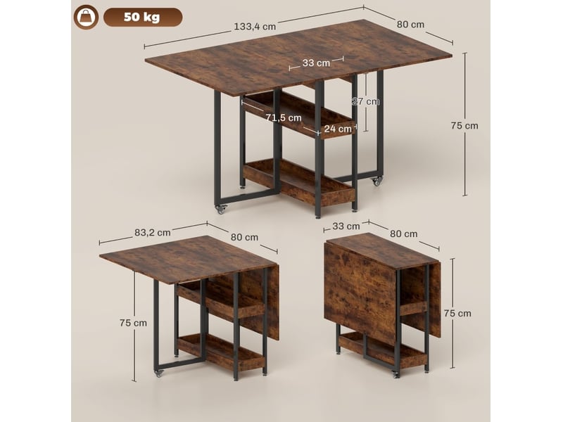  Desserte de cuisine pliable mobile 2 à 4 personnes, 2 étagères, marron rustique  - Conforama C