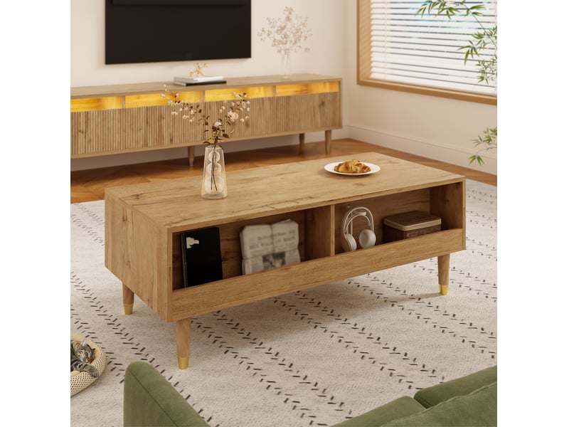  Table basse led moderne en mdf – 2 tiroirs, éclairage multicolore, décor bois – 110 x 50 x 40 cm  - Conforama C