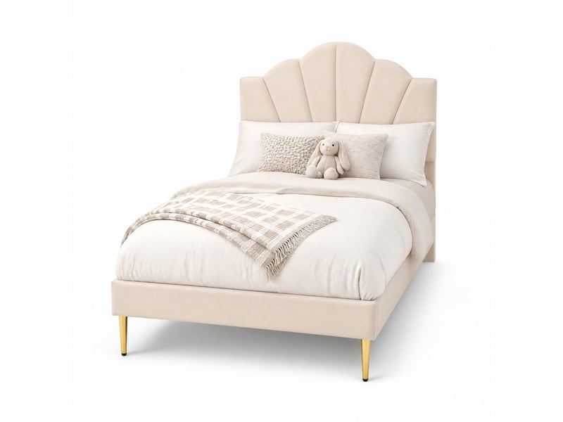  Lit 1 place 90x200 cm en velours beige, tête de lit réglable et pieds dorés  - Conforama A