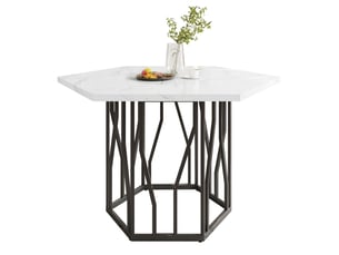 Table de salle à manger hexagonale en mdf et acier 115,5×100×75 cm effet marbre blanc et noir