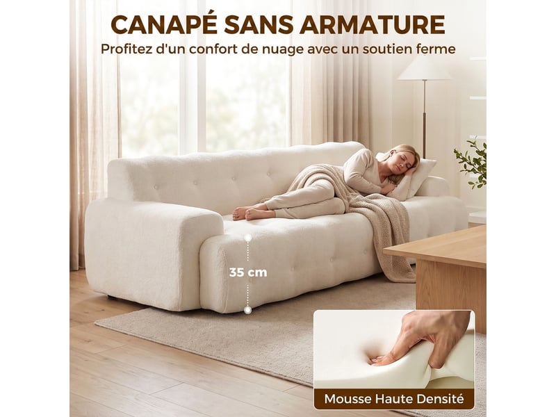  Canapé 3 places en chenille 211 cm, canapé salon, assise profonde, entièrement compressé sans montage, crème  - Conforama E