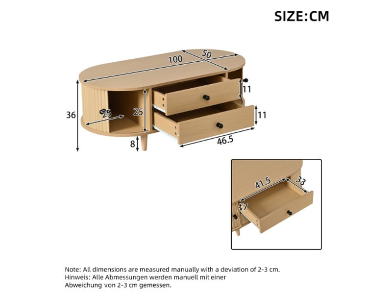  Table basse ronde mdf avec portes coulissantes et 2 tiroirs - pieds bois massif - 100x50x36 cm - charge max 50 kg  - Conforama C