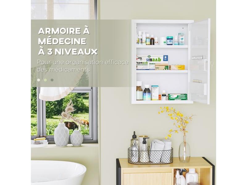  Armoire à pharmacie 2 étagères 3 niveaux avec porte verrouillable 2 clés 40 x 15 x 53,5 cm blanc  - Conforama E