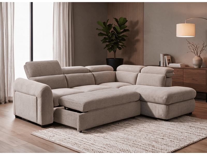 Canapé d'angle convertible avec coffre en velours texturé taupe madison - angle droit KF8005-3M-TAU - Conforama C