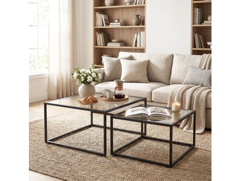  Lot de 2 tables basses gigognes en verre trempé et métal noir  - Conforama C