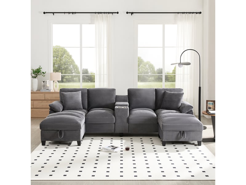  Canapé panoramique u 293x142x93 cm 4 places en velours côtelé avec rangement, porte-gobelets inox, 2 ports usb et coussins - gris  - Conforama C