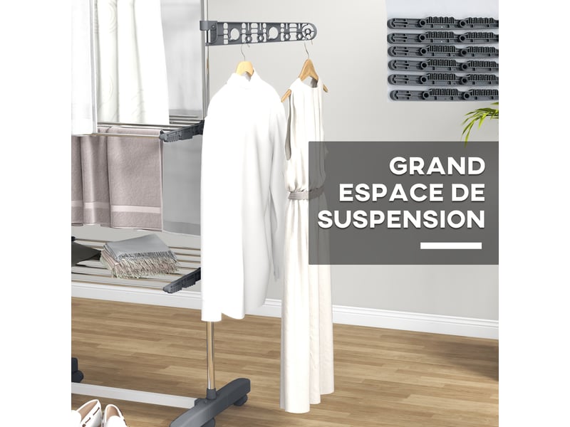  Séchoir à linge étendoir pliable ailes latérales utilisation intérieure et extérieure 3 niveaux 142 x 55 x 152 cm gris  - Conforama E