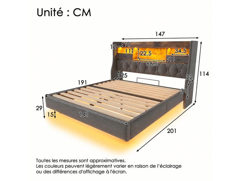  Lit 2 places avec led et ports usb, tête de lit rangement, lin gris, 140x190  - Conforama C