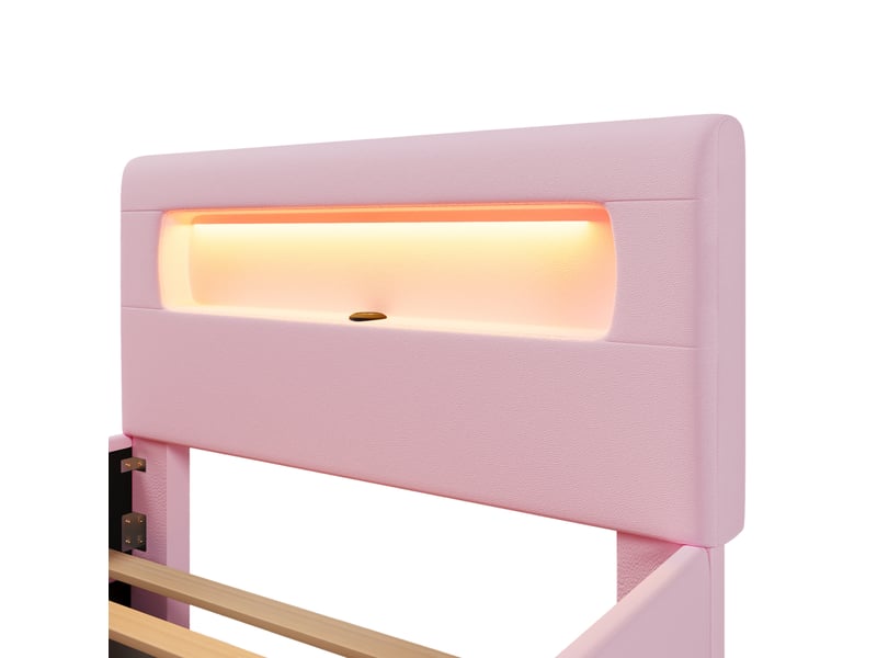  Lit plateforme rembourré 90 x 200 cm rose en pu et mdf, avec led, escalier, tiroir, usb et poches  - Conforama E