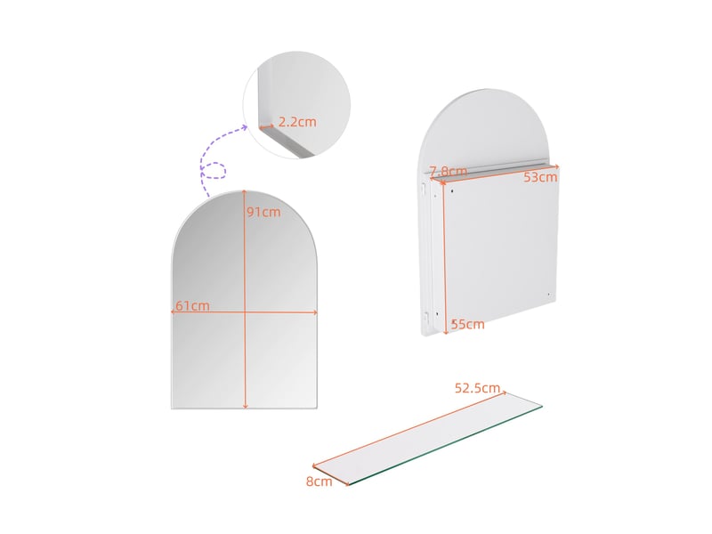  Armoire de toilette miroir cintré 91x61x12 cm, pose murale ou encastrée, 2 tablettes, métal blanc  - Conforama C