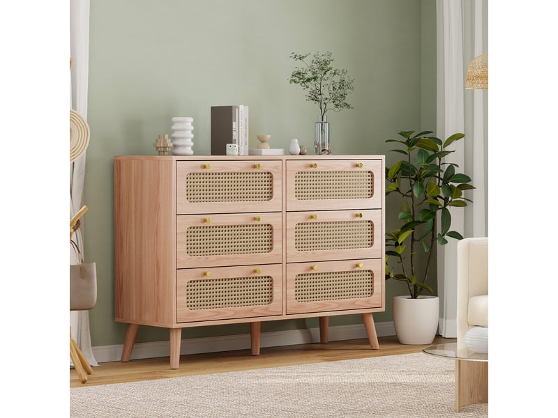 Buffet à 6 tiroirs en rotin, meuble de rangement multifonction, style bois naturel, poignées dorées, bois clair - Conforama B