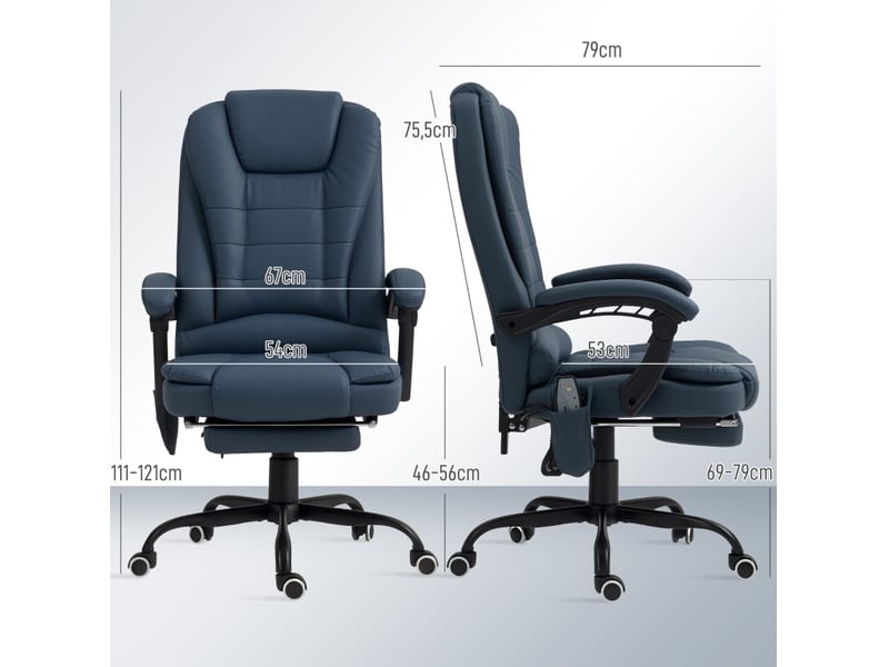  Fauteuil de bureau massant bleu avec repose-pieds et dossier inclinable  - Conforama C