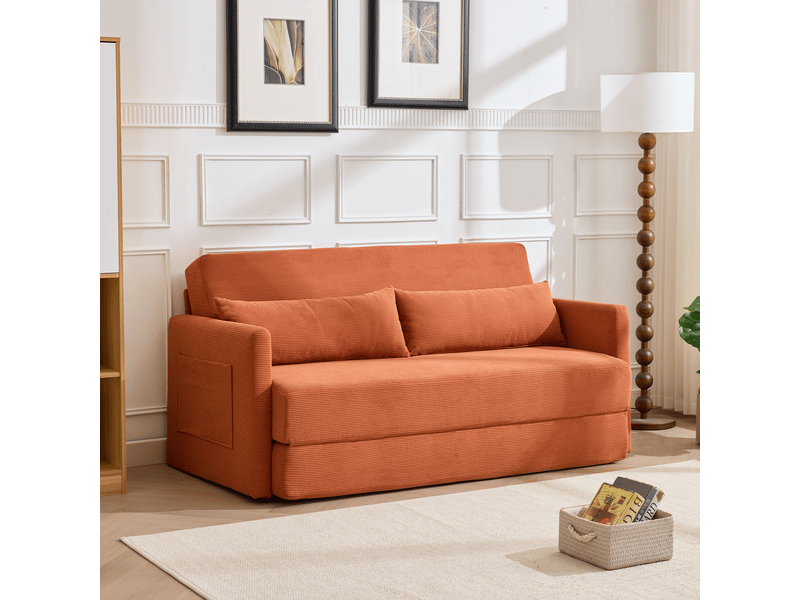 Canapé convertible 2 places – canapé-lit pliable en velours côtelé avec coussins, poches latérales, mousse haute résilience, assise confortable – orange - Conforama E
