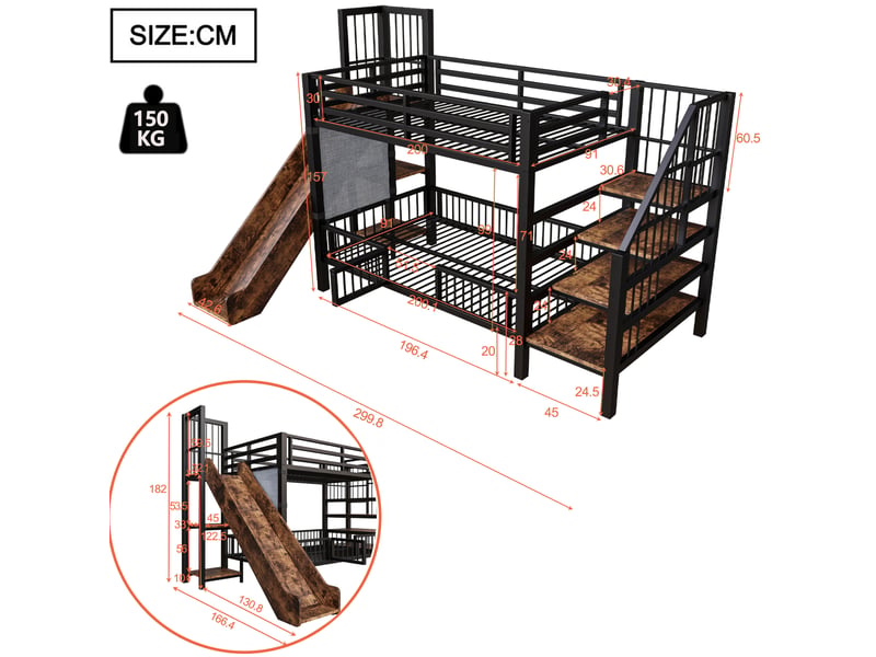  Lit mezzanine enfant 90x200 cm – noir – toboggan, escalier de rangement et étagères – sans matelas  - Conforama C