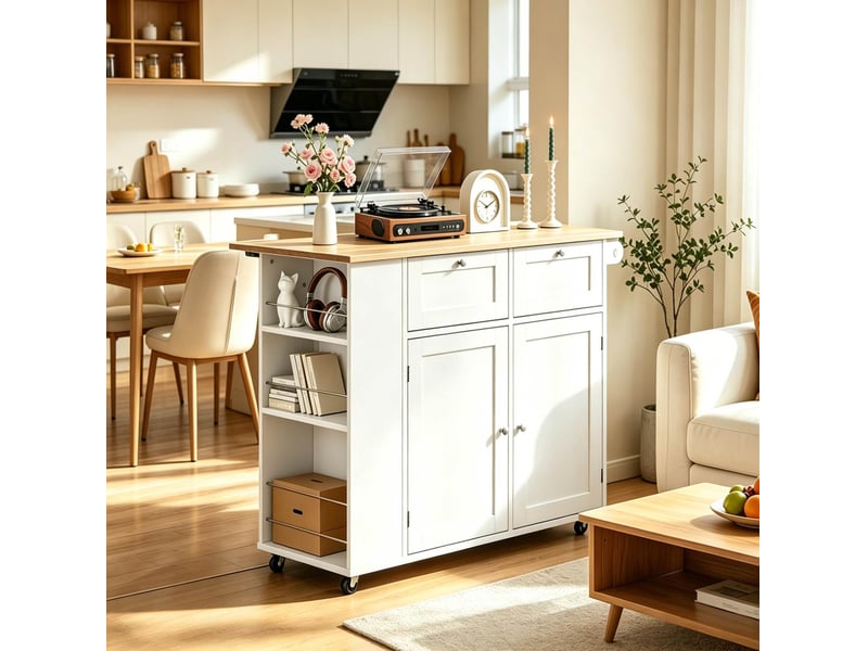 Îlot de cuisine mobile 101x62x86 cm avec plateau rabattable, blanc et chêne clair - Conforama B
