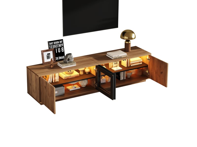  Meuble tv avec éclairage led 180 x 40 x 45 cm, banc tv jusqu'à 75 pouces avec rangement, 4 portes dont 2 vitrées, naturel et noir  - Conforama D