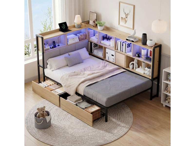  Lit simple 90x200 cm avec led et 2 tiroirs, lit enfant avec usb et usb-c et tête de lit rangement, naturel  - Conforama B