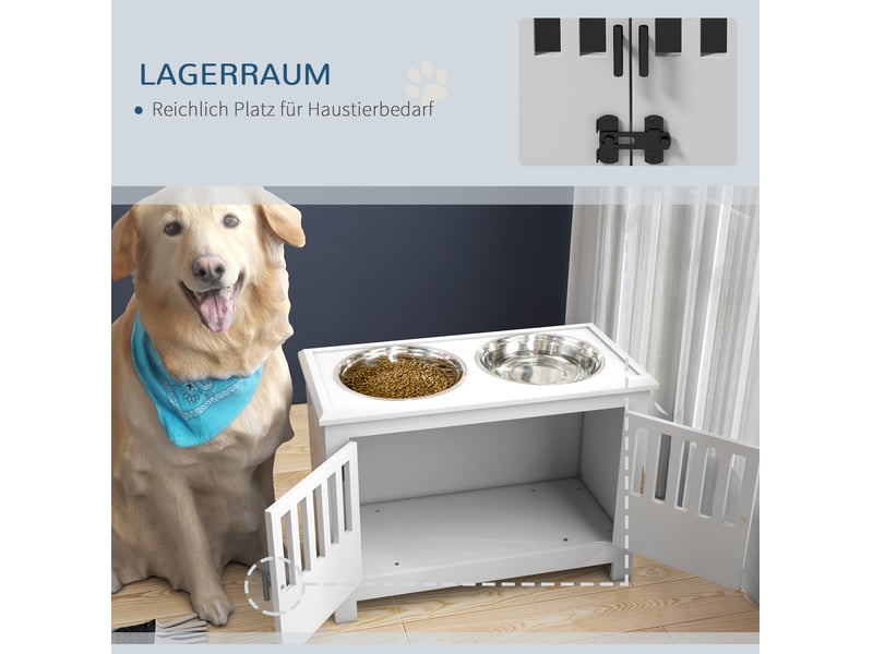 Station de repas surélevée blanche avec rangement verrouillable, 2 gamelles inox 2 l, idéale pour grands animaux - Conforama D