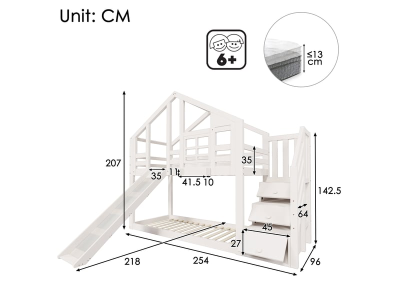  Lit superposé enfant 90x200 cm – blanc – cabane, toboggan, rangements et 2 sommiers à lattes  - Conforama C