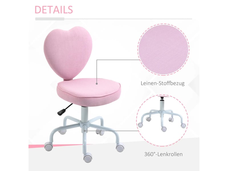  Chaise de bureau 40 x 50 x 79-89 cm - dossier forme cœur -hauteur réglable - tissu effet lin  - rose  - Conforama E