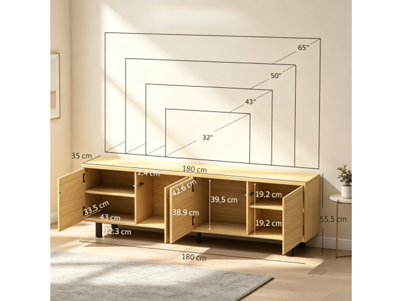  Meuble tv 180 cm pour écran jusqu'à 82 pouces, console salon, 4 portes à pression  - Conforama C