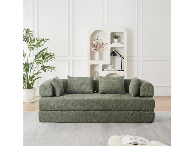Canapé droit convertible 2 places en tissu vert, dossier réglable, 4 configurations, livré avec 4 coussins - Conforama B