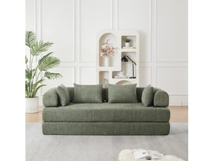 Canapé droit convertible 2 places en tissu vert, dossier réglable, 4 configurations, livré avec 4 coussins