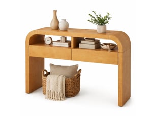 Table console moderne en bois avec tiroirs pour entrée, console avec face incurvée et pieds réglables, table étroite pour entrée, couloir ou salon (natura)