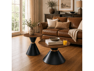Set 2 tables basses rondes effet noyer - piètement métal noir conique - gain de place salonchambre