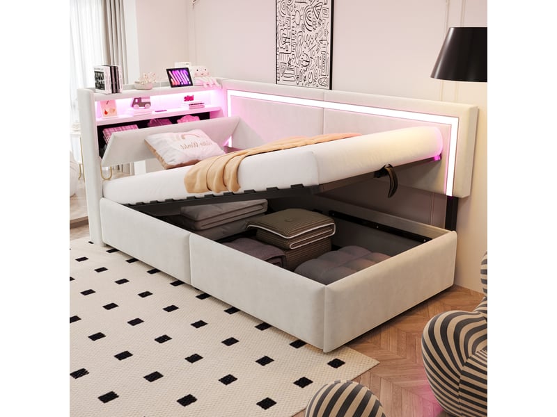  Lit simple 90x200 cm rangement hydraulique led et ports usb en velours beige  - Conforama D