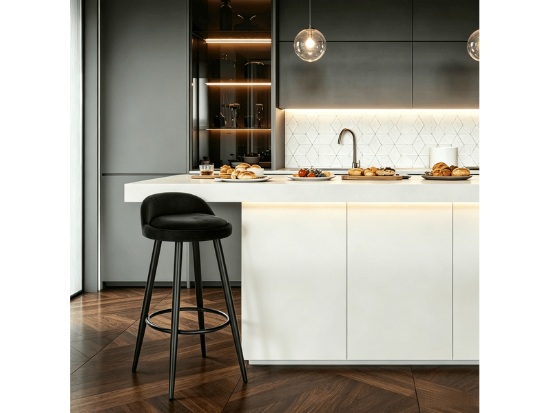  Tabouret de bar 36,5 x 36,5 x 78,5 cm – noir – dossier, repose-pieds et assise en velours  - Conforama D