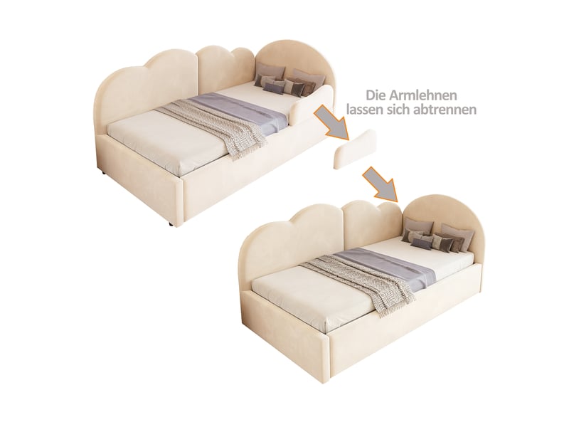Lit superposé en l 90x200+90x190 cm, tête de lit nuage, velours beige, sans matelas - Conforama E