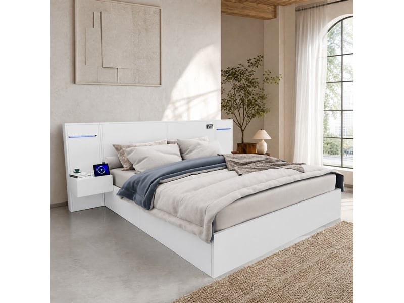  Lit double 180 x 200 cm blanc en mdf avec chevets, éclairage, usb et bluetooth  - Conforama D