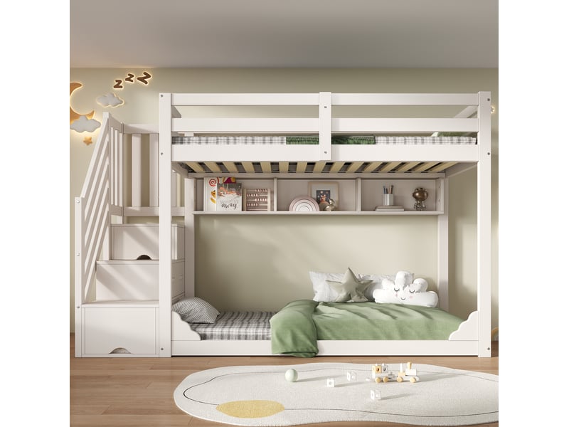  Lit superposé enfant moderne 90x200 cm, bois, coloris blanc, lit 2 place avec échelle de rangement, gain de place, sans matelas  - Conforama D