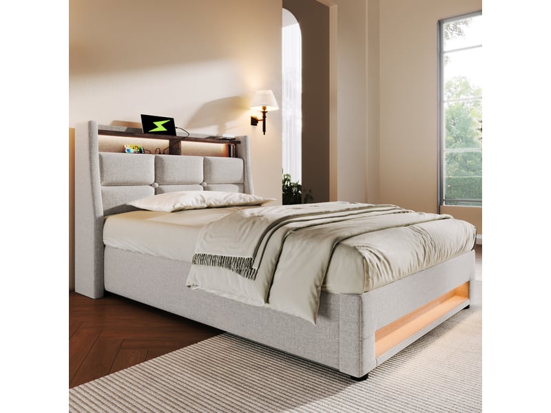  Lit simple rembourré 90x200cm avec tête de lit, led, usb, coffre et structure métallique, beige, sans matelas  - Conforama E